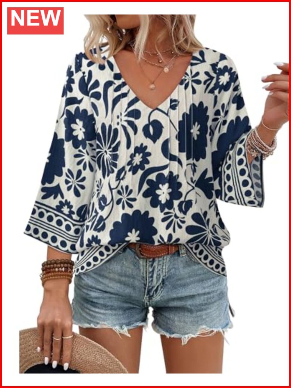 Womens V Neck 3/4 Sleeve Bohemian Blouse Loose Fit Tunic Top